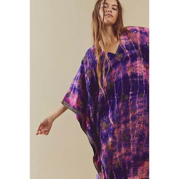 NWT FREE PEOPLE X SUN CHILD ONE SIZE LONG CAFTAN 100% SILK EMBROIDERED - Picture 4 of 4